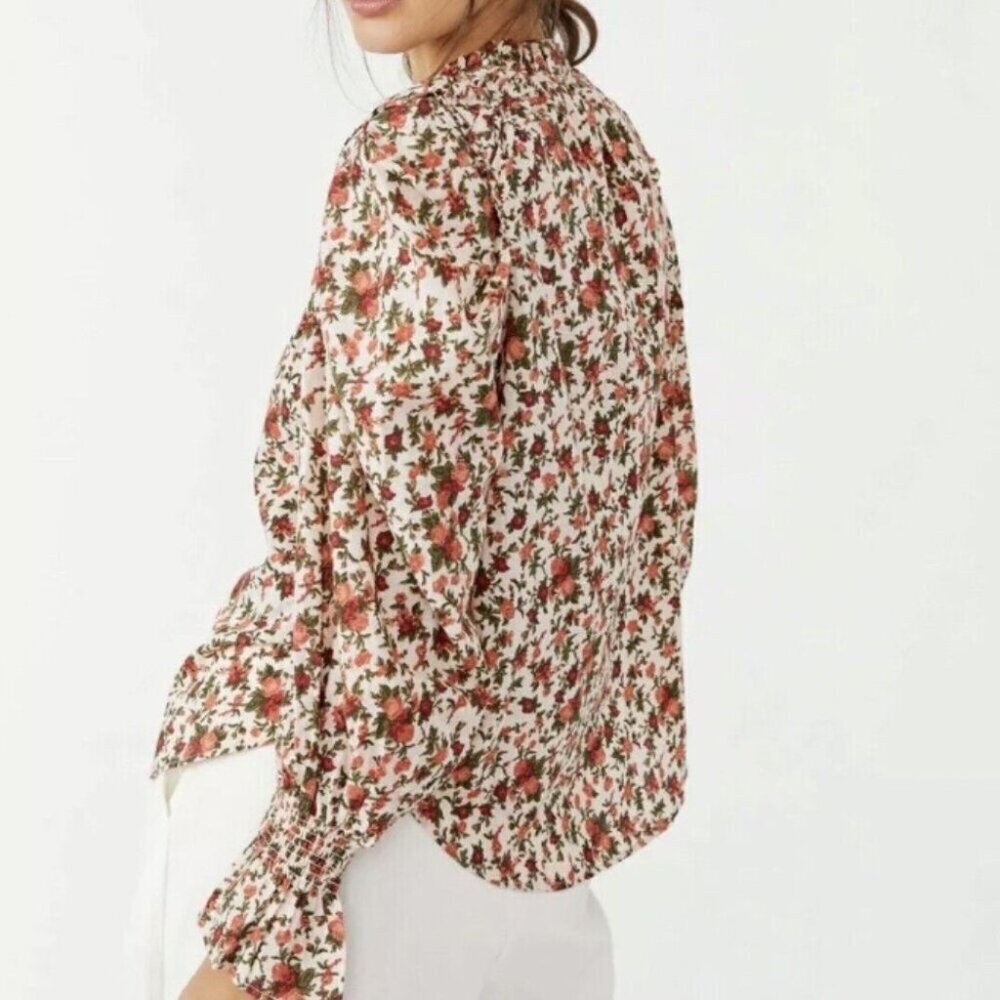 Floral Tie-Neck Puff Sleeve Blouse - Cream & Rust - Picture 3 of 12